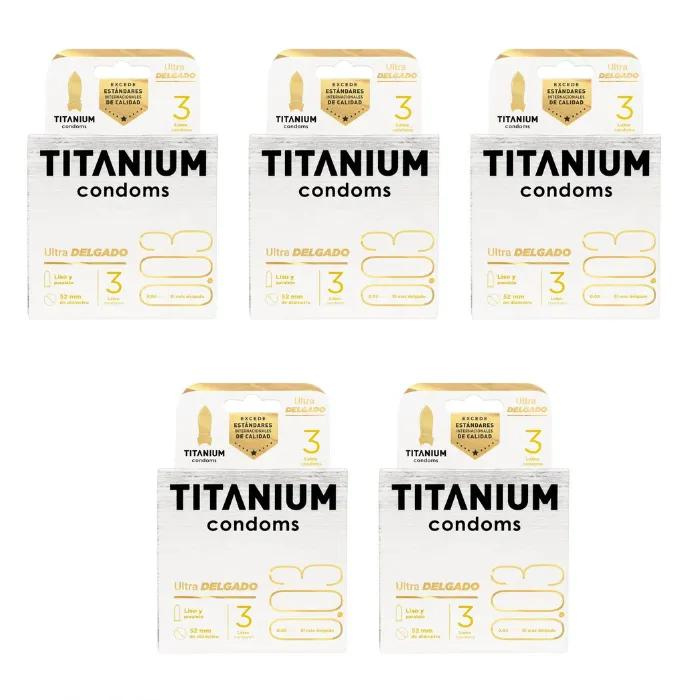 *5 Condones Preservativos Titanium Ultra Delgado Caja X 3 Unidades